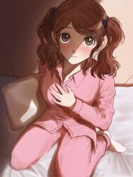  1girl amagami aroza_(xxpp3743) bed_sheet blush brown_eyes brown_hair collarbone commentary_request full_body hand_on_own_chest highres long_sleeves looking_at_viewer medium_hair nakata_sae pajamas pants parted_lips pillow pink_pajamas pink_pants sitting solo twintails wariza 