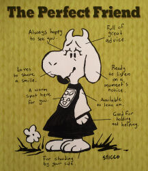  1girl commentary delta_rune_print english_commentary english_text flower goat goat_girl goat_horns horns iinfinitejester parody peanuts_(comic) redrawn snoopy solo stucco style_parody toriel undertale utdr_(toby_fox) white_flower white_horns yellow_background 
