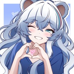  1girl :d ;d animal_ears aqua_hair arknights blue_background blue_shirt blush border commentary crossed_bangs english_commentary fingernails grey_hair grin hair_between_eyes heart heart_hands highres long_hair looking_at_viewer multicolored_hair one_eye_closed outside_border own_hands_together red_hair rosa_(arknights) shirt short_sleeves signature smile solo streaked_hair t-shirt twitter_username upper_body white_border yu_uika 