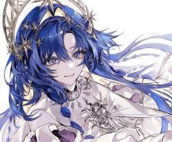  1girl beads blonde_hair blue_eyes blue_hair choker closed_mouth colored_inner_hair evl_1230 grey_choker hair_beads hair_between_eyes hair_intakes hair_ornament headdress highres long_hair multicolored_hair official_alternate_costume reverse:1999 simple_background smile solo upper_body voyager_(choir_of_the_stars)_(reverse:1999) voyager_(reverse:1999) white_background 