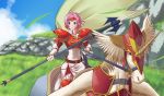  armor barding belt blue_eyes cape circlet detached_sleeves elbow_gloves fire_emblem fire_emblem:_akatsuki_no_megami fire_emblem:_souen_no_kiseki fire_emblem_path_of_radiance fire_emblem_radiant_dawn gloves horse majin_(artist) marcia pantyhose pegasus pegasus_knight pink_hair polearm reins riding short_hair smile spear unicorn weapon 