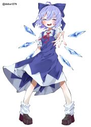  1girl absurdres blue_bow blue_dress blue_eyes blue_hair blush bow cirno collared_shirt commentary deburi276 detached_wings dress english_commentary hair_between_eyes hair_bow highres ice ice_wings loafers neck_ribbon open_mouth pinafore_dress puffy_short_sleeves puffy_sleeves reaching reaching_towards_viewer red_ribbon ribbon shirt shoes short_hair short_sleeves simple_background sleeveless sleeveless_dress smile socks solo touhou twitter_username white_background white_shirt white_socks wings 