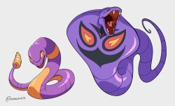  arbok commentary ekans evolutionary_line fangs forked_tongue highres lukapiles no_humans open_mouth pokemon pokemon_(creature) pokemon_focus simple_background snake tongue twitter_username untranslatable_commentary white_background 