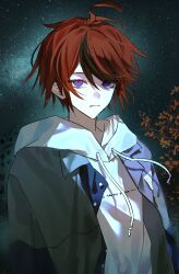  ahoge artist_request black_hair blue_eyes chinese_commentary closed_mouth colored_eyelashes commentary_request commission drawstring expressionless film_grain grey_jacket hair_between_eyes highres hood hood_down hoodie jacket jacket_over_hoodie long_sleeves male_focus multicolored_hair night open_clothes open_jacket outdoors pale_skin red_hair second-party_source short_hair sky star_(sky) starry_sky streaked_hair sumino_takumi the_hundred_line_-last_defense_academy- two-tone_hair upper_body white_hoodie 