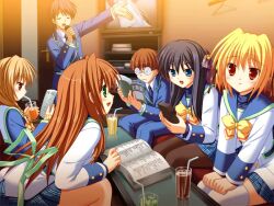  2boys 4girls back_bow black_hair black_pantyhose blue_jacket blue_necktie blue_pants blue_sailor_collar blue_shirt blue_skirt book bow bowtie braid brown_hair buttons closed_eyes clothes_hanger clover_point controller couch cup door double-breasted drinking_glass drinking_straw game_asset glasses green_bow green_eyes hair_intakes hair_ornament hair_ribbon hands_up hinata_miori holding holding_controller holding_cup holding_microphone holding_paper_boat holding_remote_control inamori_mahoshi jacket juice karaoke karaoke_box kashiwagi_tsukine leaning_forward long_hair microphone monitor multiple_boys multiple_girls necktie non-web_source official_art on_couch open_book open_mouth outstretched_arm pants pantyhose plaid_clothes plaid_skirt remote_control ribbon sailor_collar school_uniform shirt short_hair singing sitting skirt table takanashi_yaya thigh-highs twintails v_arms very_short_hair white_jacket white_thighhighs yellow_bow yellow_bowtie yuyi 