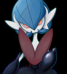  1girl alternate_color black_background black_dress black_gloves blue_hair bob_cut colored_skin commentary_request dress elbow_gloves gardevoir gloves looking_at_viewer mega_gardevoir mega_pokemon orange_eyes pokemon pokemon_(creature) rey_(pixiv_95560830) shiny_pokemon simple_background white_skin 