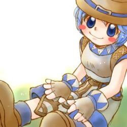  1girl 2000s_(style) blue_eyes blue_hair blush_stickers brown_gloves brown_hat brown_shoes chest_guard closed_mouth commentary_request fingerless_gloves full_body gloves hat looking_at_viewer lowres ragnarok_online shirt shoes shorts sitting sleeveless sleeveless_shirt smile solo super_novice_(ragnarok_online) todoemon white_background white_shirt white_shorts 