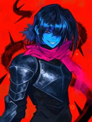  1other androgynous armor artist_name black_bodysuit blue_hair blue_skin bodysuit colored_skin commentary deltarune erzza grin highres kris_(dark_world)_(deltarune) kris_(deltarune) looking_at_viewer open_mouth other_focus pink_scarf red_background red_eyes scarf short_hair signature simple_background smile untranslatable_commentary utdr_(toby_fox) 