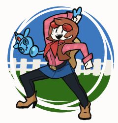  1girl arm_up belt black-framed_eyewear black_belt black_leggings blue_skirt brown_hair brown_shoes brown_vest clenched_hand closed_mouth commentary english_commentary eyewear_on_head fence full_body hayley_(pokemon) high_heels highres holding holding_poke_ball leggings legs_apart long_sleeves mole mole_under_eye my_pokemon_ranch neckerchief open_clothes open_mouth open_vest pale_skin pantyhose phione pink_shirt plaid_clothes plaid_shirt poke_ball pokemon pokemon_(creature) red-tinted_eyewear red_neckerchief scribbasock shirt shoes short_hair skirt smile standing teeth tinted_eyewear upper_teeth_only vest 