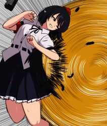 2girls absurdres black_feathers black_hair black_ribbon black_skirt black_wings camera clenched_teeth commentary_request duel falling_feathers feathers frilled_skirt frills hat highres monadmandara motion_lines multiple_girls neck_ribbon one_eye_closed pointy_ears puffy_short_sleeves puffy_sleeves red_eyes red_hat ribbon shameimaru_aya shirt short_sleeves skirt spinning sweat teeth tokin_hat touhou white_shirt wings yakumo_ran 