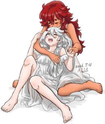  2girls barefoot blacktea_ajia blush closed_eyes closed_mouth commentary_request dated dress grey_eyes grey_hair gundam gundam_suisei_no_majo highres holding_hands hug hug_from_behind jewelry long_hair miorine_rembran multiple_girls off-shoulder_dress off_shoulder open_mouth red_hair ring smile suletta_mercury thick_eyebrows toes wedding_ring white_dress wife_and_wife yuri 