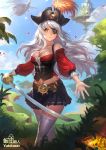  1girl bare_shoulders belt breasts cleavage eyepatch floating_island flying_boat frills hat_feather long_hair original pirate pleated_skirt sanpuu_shiromizu silver_hair skirt smile solo thigh-highs white_legwear wind yellow_eyes 