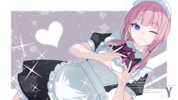  1girl alternate_costume apron black_dress blue_eyes blunt_bangs bow bowtie dress enmaided four-finger_heart_hands frilled_apron frilled_dress frills heart heart_hands kaf_(kamitsubaki_studio) kamitsubaki_studio light_smile looking_at_viewer low_twintails maid maid_apron maid_day maid_headdress multicolored_eyes one_eye_closed pink_bow pink_bowtie puffy_short_sleeves puffy_sleeves short_hair short_sleeves takasaka_light twintails waist_apron white_apron white_trim wing_collar yellow_pupils 