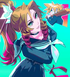  1boy 1girl aerith_gainsborough aerith_gainsborough_(midgard_seventh_high_school) aqua_background bandaid bandaid_on_cheek bandaid_on_face baseball_bat belt black_choker black_gloves black_jacket black_sailor_collar black_serafuku black_shirt black_skirt blonde_hair brown_hair choker cloud_strife cloud_strife_(midgard_seventh_high_school) colored_tips crossed_arms drill_hair earrings emi-bianchi final_fantasy final_fantasy_vii final_fantasy_vii:_ever_crisis flower gakuran gloves green_eyes hair_flower hair_ornament hair_ribbon highres holding holding_baseball_bat jacket jewelry looking_at_viewer multicolored_hair neckerchief official_alternate_costume over_shoulder parted_bangs parted_lips pink_hair pink_ribbon ponytail ribbon sailor_collar school_uniform serafuku shirt short_hair side_ponytail sidelocks single_earring skirt spiky_hair stud_earrings studded_belt studs twin_drills upper_body weapon weapon_over_shoulder white_flower white_neckerchief 