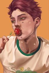  candy care_bears commentary crescent crew_cut ear_piercing english_commentary food highres holding holding_candy holding_food holding_lollipop lollipop love_and_deepspace nose orange_background piercing red_hair shirt sticker t-shirt valko_(love_and_deepspace) yellow_eyes 