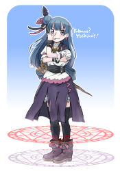  1girl absurdres black_thighhighs blue_background blue_hair blush boots border character_name commentary earrings feather_hair_ornament feathers full_body genjitsu_no_yohane gradient_background hair_bun hair_ornament heart heart_earrings highres irasutoya irasutoya_challenge jewelry long_hair love_live! love_live!_sunshine!! magic_circle maruyo parody scene_reference single_side_bun solo standing thigh-highs tsushima_yoshiko violet_eyes wand white_border yohane_(genjitsu_no_yohane) 