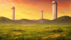  absurdres artist_request bush clouds field game_asset grass highres landscape mountain no_humans orange_sky outdoors scenery sky third-party_source touhou touhou_spell_carnival tower twilight 