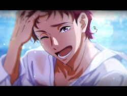  1boy arm_up character_request close-up commentary_request free! highres letterboxed long_sleeves looking_at_viewer lower_teeth_only male_focus one_eye_closed open_mouth short_bangs short_hair signature solo teeth violet_eyes wet wet_clothes wet_hair yaeta_(t923) 