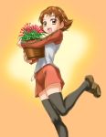  brown_hair flower flower_pot from_below hadime hajime_(caramel_toone) leg_lift looking_down miniskirt natsuki_rin precure raglan_sleeves sandals short_hair skirt smile solo thighhighs yes!_precure_5 