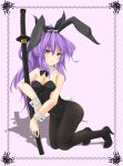  breasts bunny_ears bunnysuit cleavage kamo_(yokaze) katana leotard pantyhose purple_eyes purple_hair rabbit_ears sword touhou watatsuki_no_yorihime weapon 