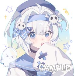  1girl ahoge blue_eyes blue_hat blue_ribbon blue_sailor_collar border commission double-parted_bangs hair_between_eyes hair_intakes hair_ribbon hand_up hat highres huolala_neiku_chaofan long_sleeves mihuashi_commission open_mouth original outside_border portrait ribbon round_border sailor_collar sample_watermark school_uniform serafuku shirt short_hair sleeves_past_fingers sleeves_past_wrists solo two_side_up watermark white_border white_hair white_shirt 