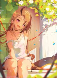 1girl ahoge alternate_costume alternate_hairstyle blonde_hair blush brown_hair choker commentary english_commentary gigi_murin highres hololive hololive_english jewelry long_hair looking_at_viewer multicolored_hair necklace off_shoulder open_mouth outdoors pink_eyes solo tail the0neulost two-tone_hair virtual_youtuber 