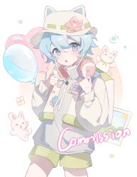  1boy :o absurdres backpack bag blue_eyes blue_hair border commission cowboy_shot double-parted_bangs flower gradient_background green_shorts grey_jacket hair_between_eyes hands_up hat hat_flower headphones headphones_around_neck highres huolala_neiku_chaofan jacket long_sleeves looking_at_viewer male_focus mihuashi_commission open_mouth original outside_border pink_flower round_border short_hair shorts solo white_border white_hat yellow_background 
