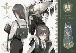  1girl animal backpack bag bird black_hair black_pants black_scarf blush book bookmark braid braided_ponytail closed_mouth collared_shirt colored_inner_hair english_text green_eyes green_hair hair_between_eyes hair_intakes hair_over_shoulder harry_potter_(series) highres holding holding_animal holding_bag holding_book holding_paper holding_snake holding_wand maruma_gozu multicolored_hair musical_note original owl panties pants pantyshot paper scarf shirt shirt_tucked_in slytherin smile snake spoken_musical_note underwear wand watermark white_shirt white_snake wizarding_world 
