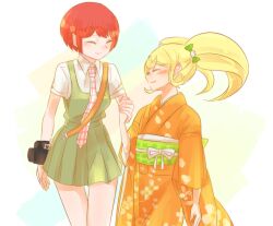  2girls blush bow camera closed_eyes collared_shirt commentary_request danganronpa_(series) danganronpa_2:_goodbye_despair dress eyelashes fingernails floral_print floral_print_kimono freckles green_bow green_dress green_sash hair_bow height_difference holding_hands japanese_clothes kimono koizumi_mahiru long_sleeves multiple_girls necktie obi open_mouth orange_kimono pinafore_dress plaid_clothes plaid_necktie print_kimono red_hair red_necktie saionji_hiyoko sash shinshishinc shirt short_hair short_sleeves simple_background sleeveless sleeveless_dress smile twintails very_short_hair white_background white_shirt 