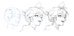  1boy :d commentary_request fang from_side highres kagamine_len looking_at_viewer makka_potato monochrome open_mouth ponytail portrait progression short_hair short_ponytail simple_background sketch smile teeth upper_teeth_only vocaloid white_background 