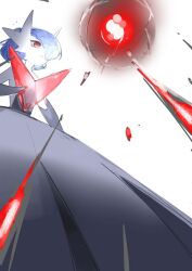  1girl alternate_color black_dress black_gloves blue_hair bob_cut colored_skin commentary_request dress elbow_gloves gardevoir gloves hair_over_one_eye mega_gardevoir mega_pokemon pokemon pokemon_(creature) shiny_pokemon simple_background strapless strapless_dress white_background white_skin xcx114514 