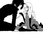  1girl age_difference alucard_(hellsing) couple dress glasses gloves hellsing integra_hellsing long_hair lowres male monochrome oekaki solid&amp;etc thigh-highs thighhighs white white_background young 