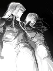  2boys armor black_background black_bodysuit black_gloves bodysuit chest_strap closed_mouth commentary_request cowboy_shot final_fantasy final_fantasy_vii final_fantasy_vii:_advent_children gloves grey_hair greyscale gx8439440115311 hair_between_eyes hair_over_one_eye hand_in_own_hair highres kadaj long_hair male_focus medium_hair monochrome multiple_boys parted_lips shoulder_armor yazoo 