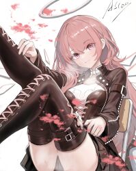  1girl absurdres arknights artist_name ascor black_boots black_jacket boots closed_mouth commentary_request detached_wings energy_wings halo highres jacket lace-up_boots lemuen_(arknights) long_hair long_sleeves looking_at_viewer pink_eyes pink_hair simple_background solo thigh_boots white_background wings 