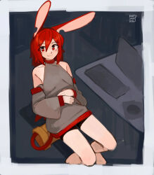  1girl absurdres animal_ears bare_shoulders black_shorts blush border closed_mouth dated detached_sleeves fiya_(kart_prowler) grey_border grey_shirt hair_between_eyes hands_on_own_stomach highres kart_prowler long_hair long_sleeves mouse_ears mouse_girl mouse_tail original red_eyes red_hair shirt shorts signature sitting smile solo tail 
