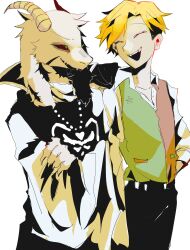  2boys absurdres animal_ears asriel_dreemurr asriel_dreemurr_(god_of_hyperdeath) black_pants black_sclera blonde_hair closed_eyes collared_shirt colored_sclera colored_skin deltarune fangs fffkace flowery_(deltarune) furry furry_male goat_boy goat_ears goat_horns green_vest highres horns long_sleeves male_focus multiple_boys open_mouth pants robe shirt short_hair smile two-tone_vest undertale utdr_(toby_fox) vest white_background white_shirt 