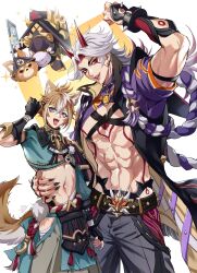 2boys :d abs arataki_itto arm_up belt black_nails body_markings brown_hair chest_strap clenched_hand clothing_cutout collar commentary_request dog_boy dog_ears dog_tail duo facial_mark fingerless_gloves genshin_impact gloves gorou_(genshin_impact) grey_pants hair_ornament hairclip hand_on_another's_waist hand_up highres horns jacket lj6v6 long_hair looking_at_viewer midriff muscular muscular_male nail_polish navel red_horns rope rope_belt sharp_fingernails short_hair sparkle spiked_bracelet tassel tattoo teeth tongue tongue_out vision_(genshin_impact) white_hair