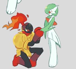  2others armarouge armor blush bob_cut colored_skin commentary fire from_side gardevoir green_hair green_skin grey_background helmet holding_hands kneeling multicolored_skin multiple_others necr0ism pokemon pokemon_(creature) red_eyes red_skin simple_background two-tone_skin white_skin yellow_armor 