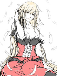  1girl bare_shoulders blonde_hair breasts closed_mouth commentary_request dress falling_feathers feathers highres kiss-shot_acerola-orion_heart-under-blade kizumonogatari large_breasts long_hair looking_at_viewer monogatari_(series) oshino_shinobu pointy_ears red_dress simple_background sitting smile tsukihi_shida vampire yellow_eyes 