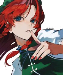  1girl absurdres beret blue_bow blue_eyes blue_ribbon bow braid braided_sidelocks commentary_request floating_hair green_hat green_vest hair_bow hat highres hong_meiling index_finger_raised long_hair looking_to_the_side neck_ribbon parted_lips puffy_short_sleeves puffy_sleeves red_hair red_nails ribbon shirt short_sleeves sidelocks simple_background solo thitora touhou twin_braids upper_body vest white_background white_shirt 
