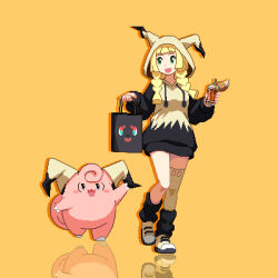  1girl :d absurdres alternate_costume bag black_socks blonde_hair clefairy commentary cup green_eyes happy highres holding holding_bag holding_cup hood hood_up hoodie lillie_(pokemon) long_hair loose_socks open_mouth pokemon pokemon_(creature) pokemon_sun_and_moon reflection shoes single_thighhigh smile socks standing thigh-highs whitte_komett yellow_background 