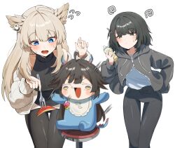  3girls absurdres aged_down arknights arknights:_endfield baby baby_bottle bare_shoulders black_eyes black_hair black_jacket black_pants black_sweater blonde_hair blue_eyes blurry blush bottle bright_pupils chen_qianyu_(arknights) closed_mouth commentary denq endministrator_(arknights) english_commentary female_endministrator_(arknights) fingernails flying_sweatdrops fork highres holding holding_fork hood hood_down hooded_jacket jacket leaning_forward long_hair long_sleeves looking_at_another motion_blur motion_lines multiple_girls off_shoulder on_stool open_mouth pacifier pants perlica_(arknights) short_hair simple_background sitting speed_lines stool sweater thigh_gap tight_clothes tight_pants turtleneck turtleneck_sweater white_background white_jacket white_pupils yellow_eyes 