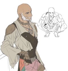  1boy bald beard black_gloves collarbone facial_hair final_fantasy final_fantasy_xii fingerless_gloves garbage_paper gloves grin highres jewelry male_focus mature_male medallion multiple_views necklace panties pendant pink_panties reddas shirt smile solo squatting teeth underwear upper_body white_background white_hair white_shirt 