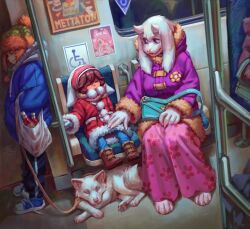  1boy 1girl 1other adoptive_parent_and_adoptive_child annoying_dog bag blue_hoodie blue_shoes cat_girl child coat commentary dog english_commentary flower frisk_(undertale) fur-trimmed_jacket fur_trim goat_girl goat_horns hood hoodie horns indoors jacket ketchup_bottle mad_mew_mew mettaton mettaton_(box) parent_and_child plastic_bag poster_(object) purple_coat realistic sans_(undertale) scarf shoes sitting skeleton sleeping slice_of_life sneakers starcat_bloom subway toriel undertale utdr_(toby_fox) wheelchair_sign white_dog white_horns winter_clothes winter_coat yellow_flower 
