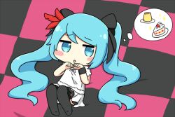  1girl :o black_background black_bow black_thighhighs blue_eyes blue_hair blush_stickers bow cake cake_slice checkered_background chibi chibi_only commentary_request dress food full_body hair_bow hands_up hatsune_miku jitome long_hair looking_at_viewer lying nukotun on_back open_mouth pink_background pudding short_sleeves solo sparkle speech_bubble spoken_food thigh-highs thought_bubble twintails very_long_hair vocaloid white_dress world_is_mine_(vocaloid) 