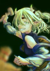  1girl arm_warmers black_background black_shirt blonde_hair breasts brown_shirt candle commentary_request corrupted_twitter_file fire green_eyes green_fire grin hair_between_eyes half_updo hashihime highres holding holding_mallet holding_nail looking_at_viewer mallet medium_breasts mizuhashi_parsee nail_(hardware) nanahosi73 parsee_day pointy_ears shirt short_hair simple_background sleeveless sleeveless_shirt smile solo straw_doll touhou upper_body ushi_no_koku_mairi 