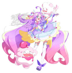  1girl :d absurdly_long_hair ahoge akechi_anna blue_eyes bow bowtie brooch capelet commentary_request crossover cure_answer double_bun dress fingerless_gloves frilled_dress frills full_body gloves gradient_hair hair_bun hair_ornament hair_ribbon heart heart_brooch huge_ahoge jewelry long_hair magical_girl meitantei_precure! multicolored_hair open_mouth parted_bangs pink_bow pink_bowtie pink_hair pink_ribbon pokemon pokemon_(creature) precure purple_capelet purple_dress purple_hair purple_ribbon purple_shoes ribbon serizawa_serizane shoes simple_background slurpuff smile standing swirlix thigh-highs two-tone_hair very_long_hair white_background white_gloves white_thighhighs wing_hair_ornament wrist_ribbon 