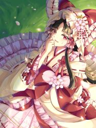  1girl absurdres bow brown_hair commentary_request floral_print floral_print_kimono frilled_bow frilled_hair_tubes frills hair_bow hair_ornament hair_tubes hakurei_reimu highres hood hood_up japanese_clothes kanzashi kimono long_hair looking_at_viewer mito_(fate) open_mouth print_kimono red_bow red_eyes shiromuku smile solo touhou tsumami_kanzashi uchikake white_hood white_kimono 