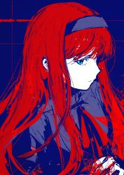  1girl absurdres blue_eyes blue_headband blue_shirt closed_mouth commentary dress glaring headband highres long_hair looking_at_viewer red_hair shirt simple_background tara3763 tohno_akiha tsukihime untranslatable_commentary vermillion_akiha 