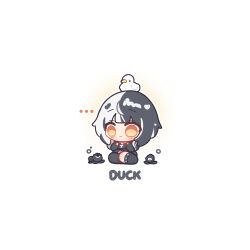  ... 1girl absurdres animal_on_head bird black_hair black_shirt black_socks black_streaks blush chibi chibi_only closed_mouth commentary decrilus duck english_commentary english_text full_body highres hololive hololive_english multicolored_hair negative_space on_head shiori_novella shirt short_hair simple_background sitting smile socks solo split-color_hair streaked_hair two-tone_hair virtual_youtuber white_background white_hair white_streaks 